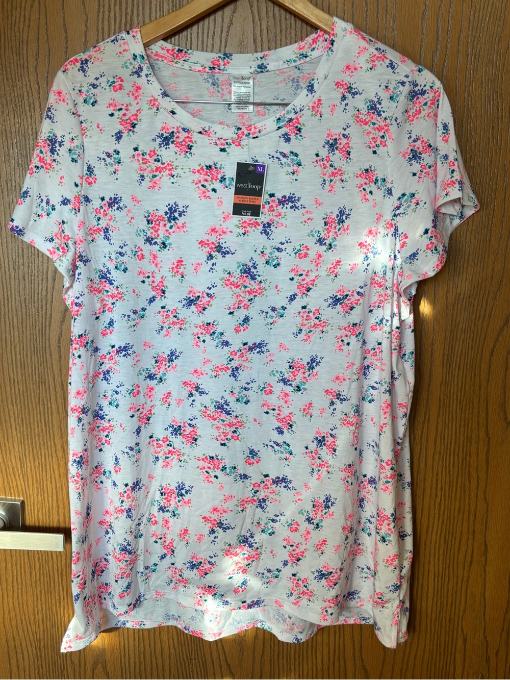 west loop Floral Short Sleeve Ruffle Tee in White, Pink & Blue